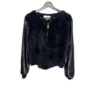 Wanderlujo Black Fuzzy Sequin Zip Up Short Jacket Small